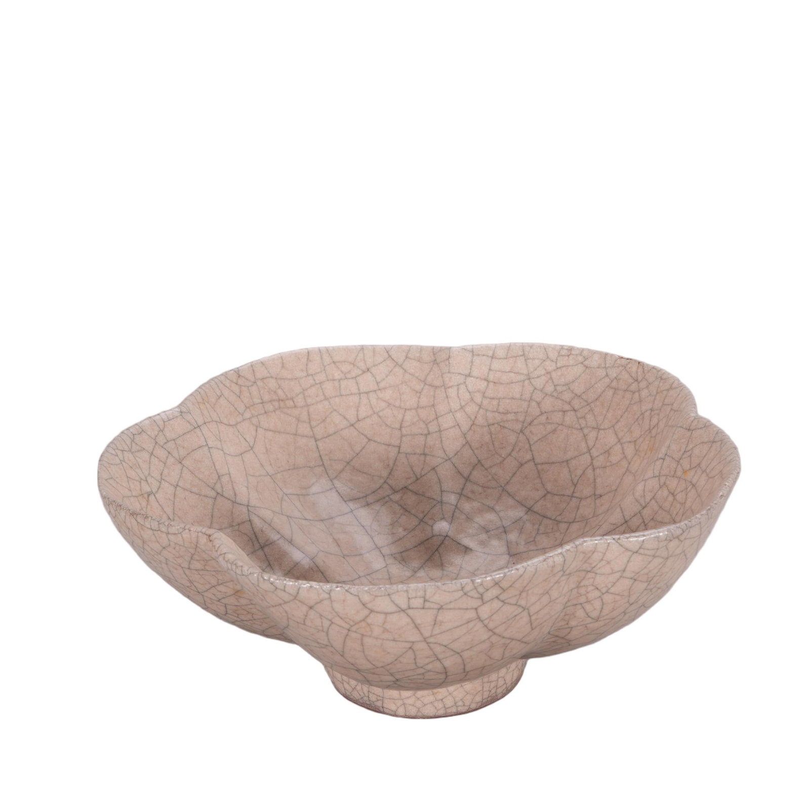 A CHINESE GE WARE FLORAL LOBED BOWL: This elegant vessel features a delicate multi-lobed floral rim supported by a compact slightly tapered foot. The entire interior and exterior are enveloped in a pale creamy beige glaze suffused with c