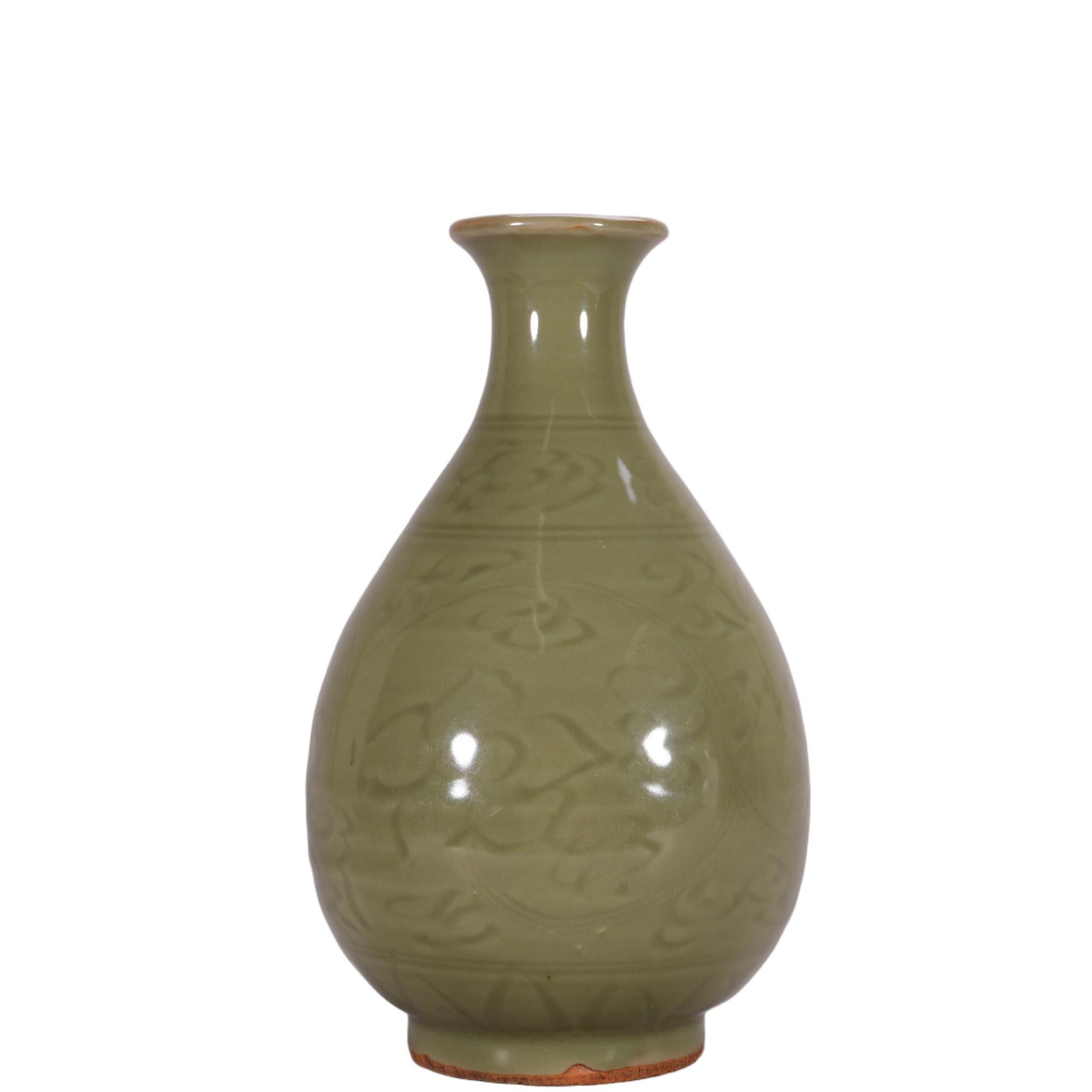 A CHINESE LONGQUAN CARVED FLORAL YUHUCHUN VASE: This elegant pear-shaped yuhuchun vase features a slender tapering neck rising to a flared lip and a small circular foot. Beneath a thick, lustrous uniform celadon glaze, fluid incised floral scroll m
