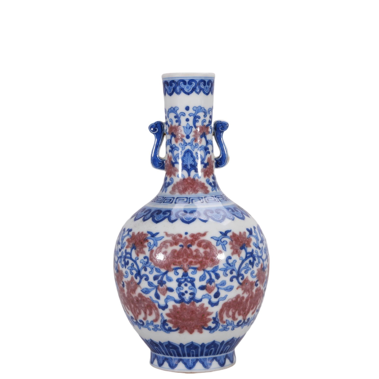 A CHINESE BLUE & UNDERGLAZE RED PHOENIX FLORAL VASE: This elegant bottle vase is fitted with a pair of stylized blue scroll handles on its slender straight neck. The white porcelain body is richly decorated with interwoven underglaze blue scrolling vine