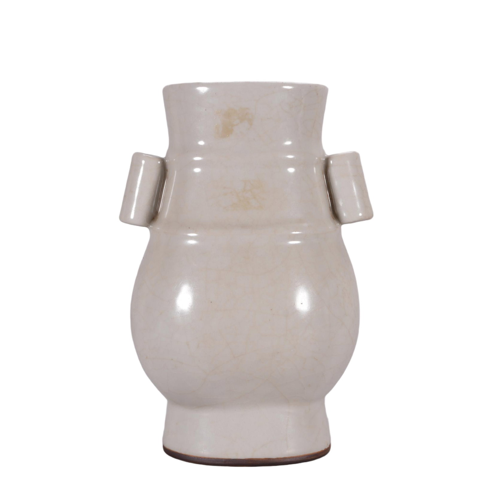 A CHINESE OFFICIAL CRACKLE GLAZE ARROW VASE: Modelled after ancient bronze hu vessels, this vase features a rectangular mouth, twin rectangular tubular lug handles and a gently bulbous body tapering to a stable squared foot. It is fully covered 