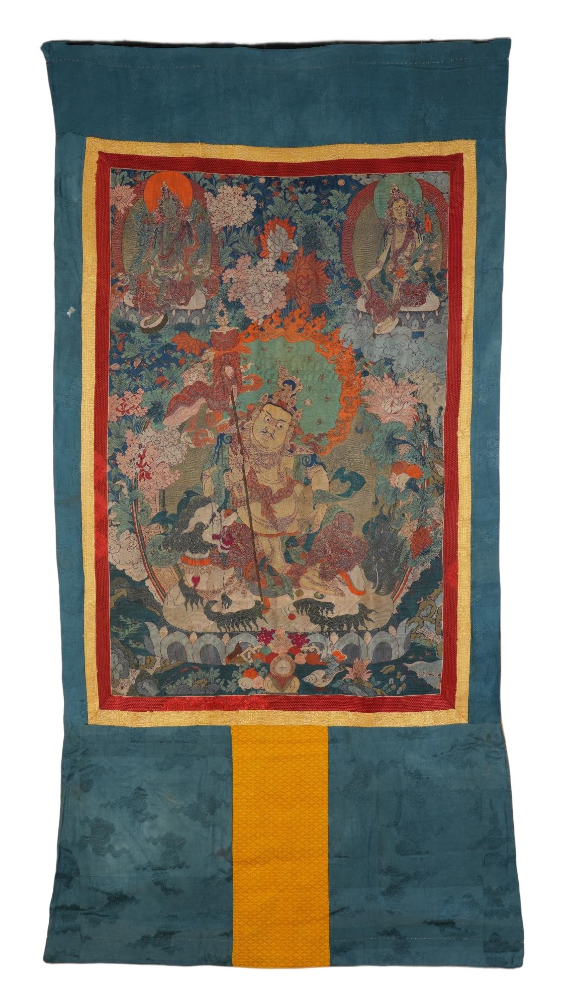 A CHINESE KESI YELLOW JAMBHALA THANGKA (1 of 6)
