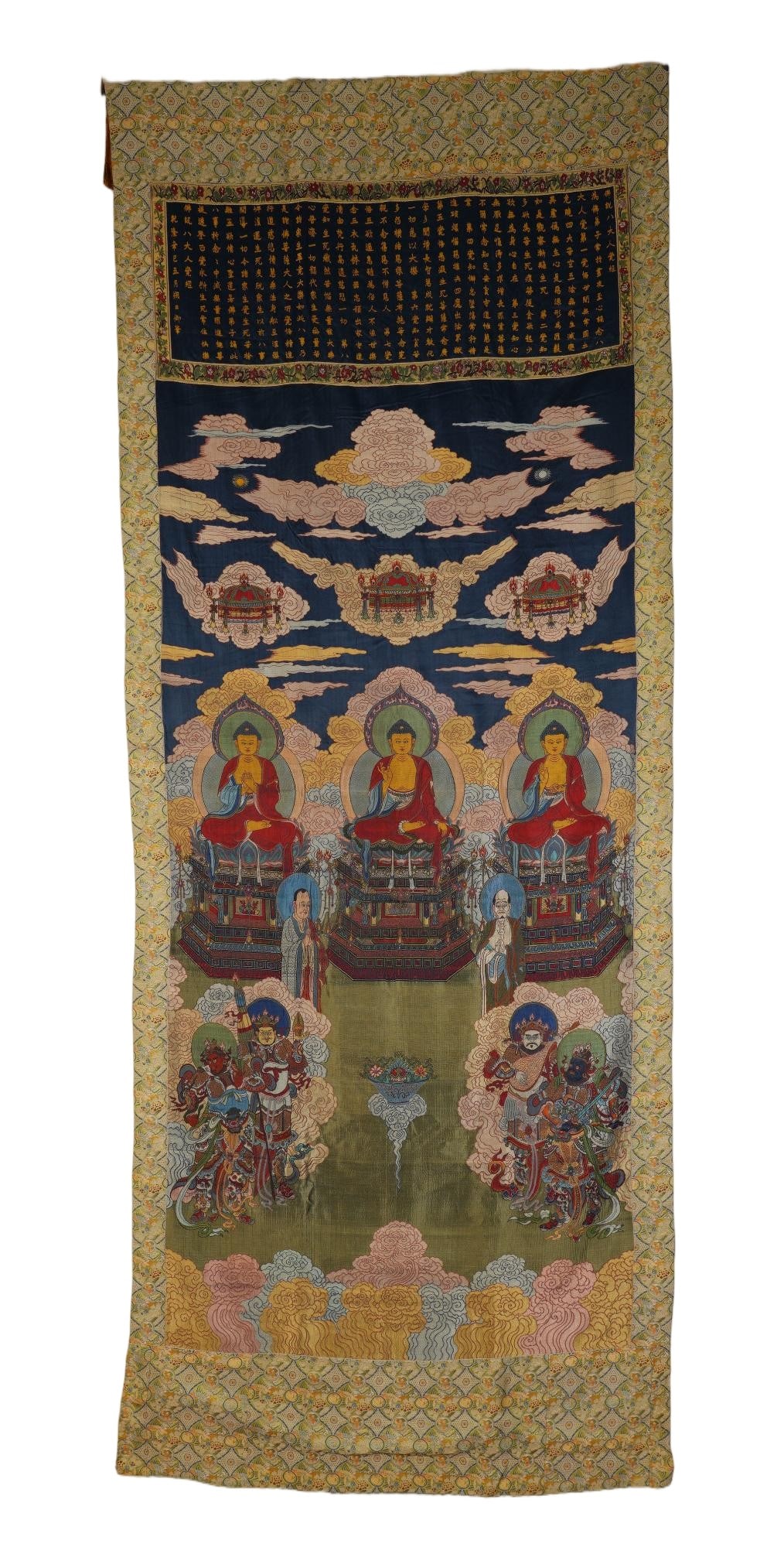A CHINESE THREE BUDDHA BROCADE WITH GUARDS & VERSES (1 of 9)