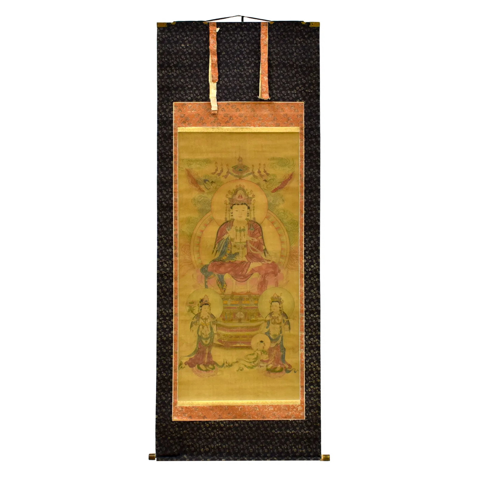 ANTIQUE GUANYIN SILK THANGKA: Dimensions: 80-3/4" H x 32-1/4" W inner58-1/4" H x 23-3/8" W Chinese Buddha Bodhisattvas Guanyin silk Kesi thangka in nirmanakaya appearance as aspects or dimensions of a fully enlightened buddha. Dep
