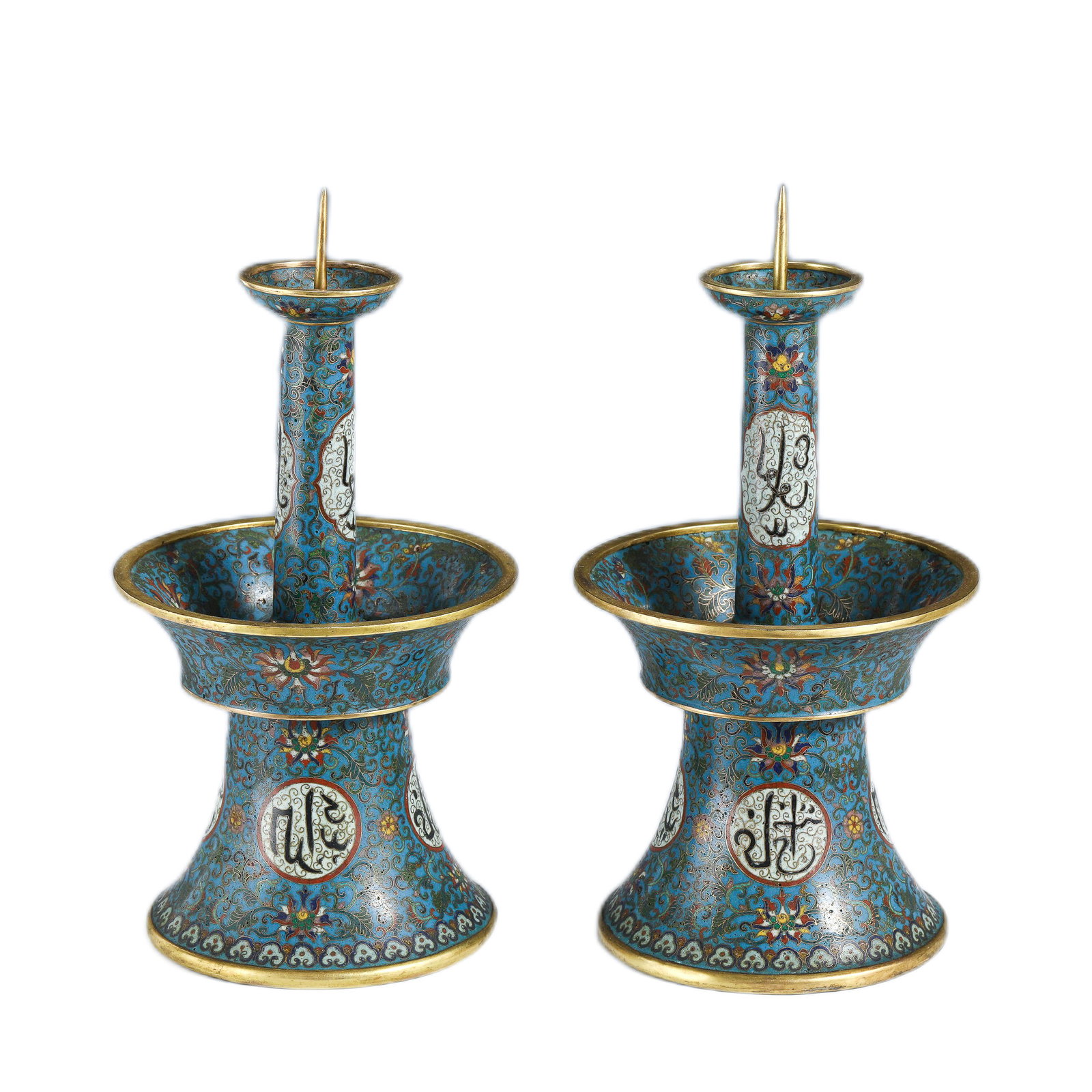 PAIR QIANLONG GILT BRONZE CLOISONNE CANDLE STANDS (1 of 9)