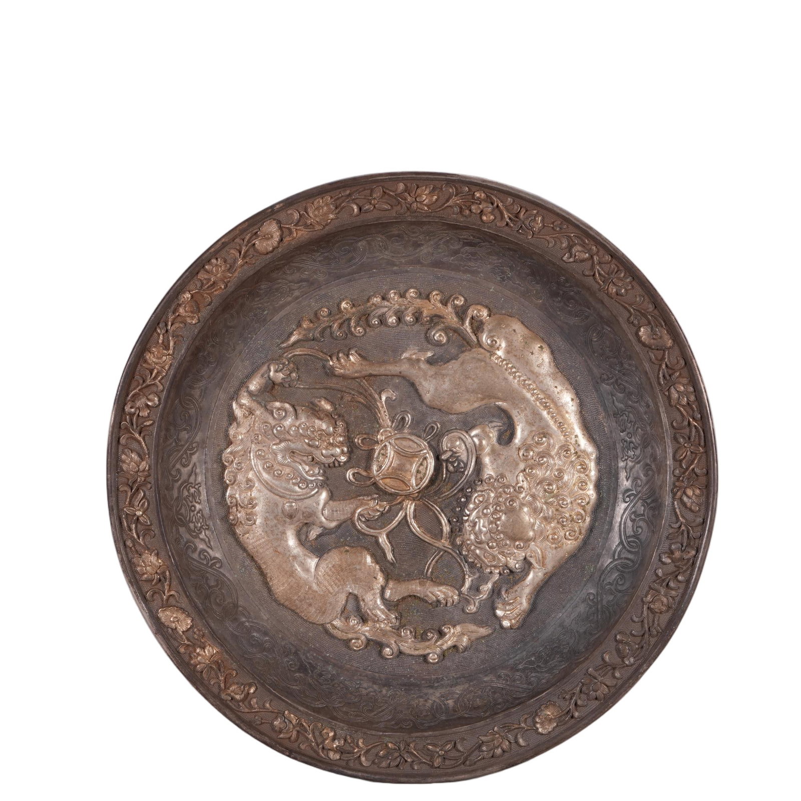 A CHINESE GILT SILVER PLATE: TWIN LIONS PLAYING BALL (1 of 6)
