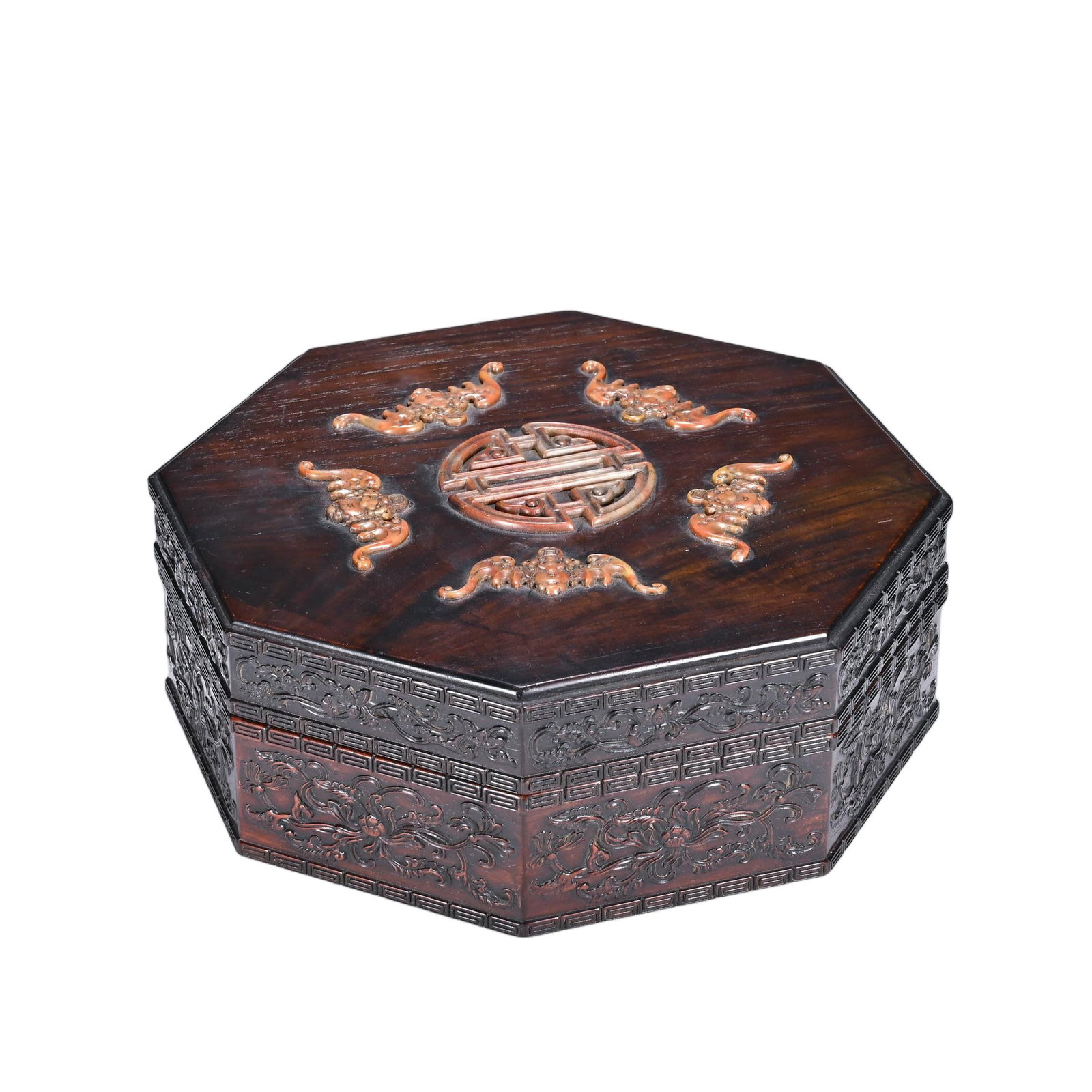 A CHINESE ZITAN SHOUSHAN STONE INLAID BOX (1 of 7)