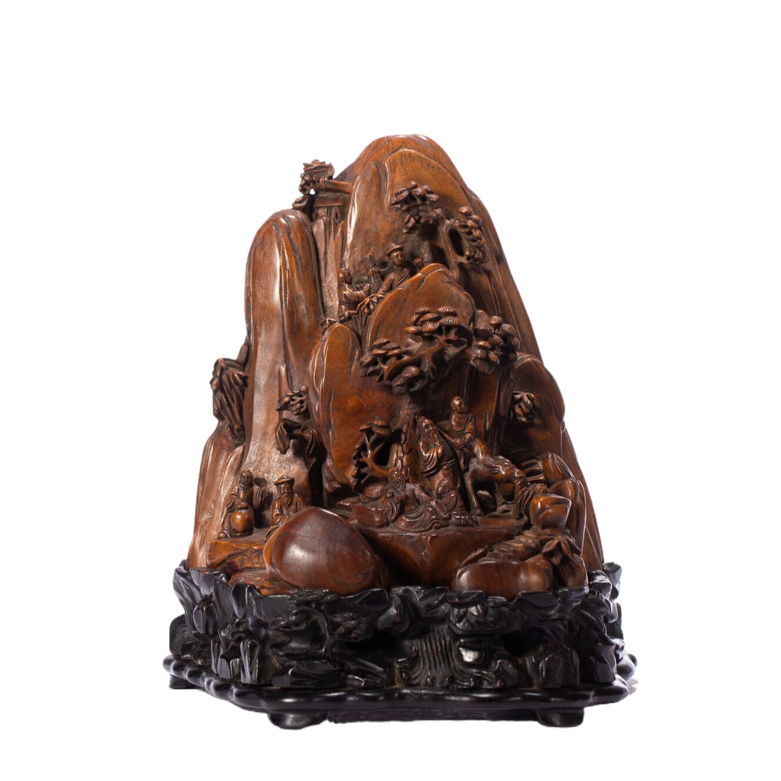 A CHINESE SANDALWOOD MOUNTAIN CARVING: Masterfully sculpted from dense sandalwood, this layered mountain boulder carving recreates an immersive serene landscape dotted with rugged cliffs, twisting pine foliage, cascading rock formations an