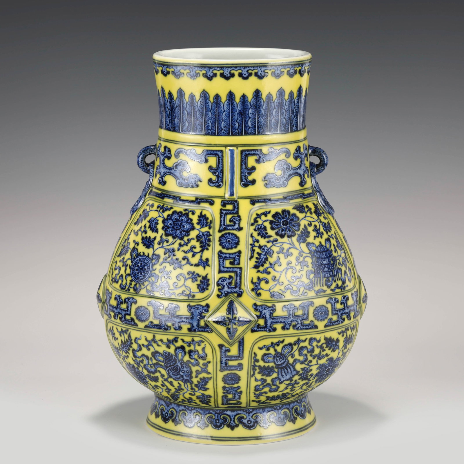 QING QIANLONG YELLOW GROUND BLUE VASE: Dimensons: Width: 27cm, Height: 39cm Chinese Qing Dynasty Qianlong Yellow Ground Blue Ear Porcelain Zun Vase. The porcelain potted in zun vase shape, thick and tall, globular lower body, flaring round