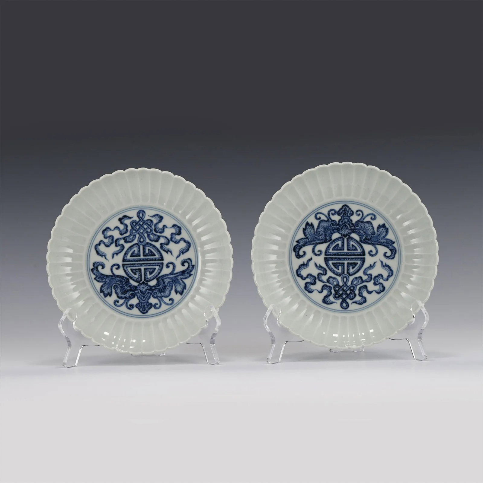 PAIR BLUE AND WHITE FUBATS & LONGEVITY PORCELAIN PLATES (1 of 6)