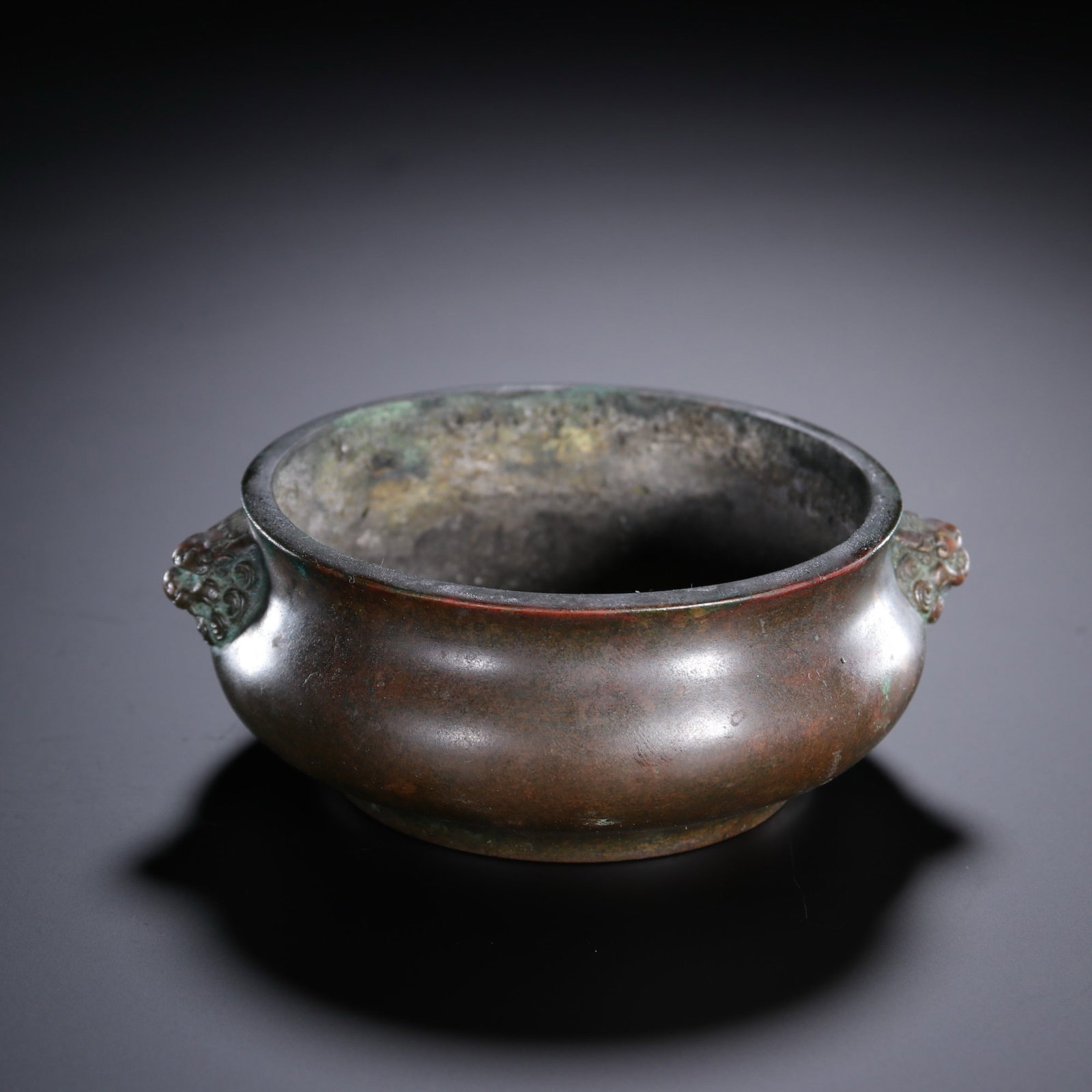 A CHINESE LION MASK EAR BRONZE CENSER (1 of 9)