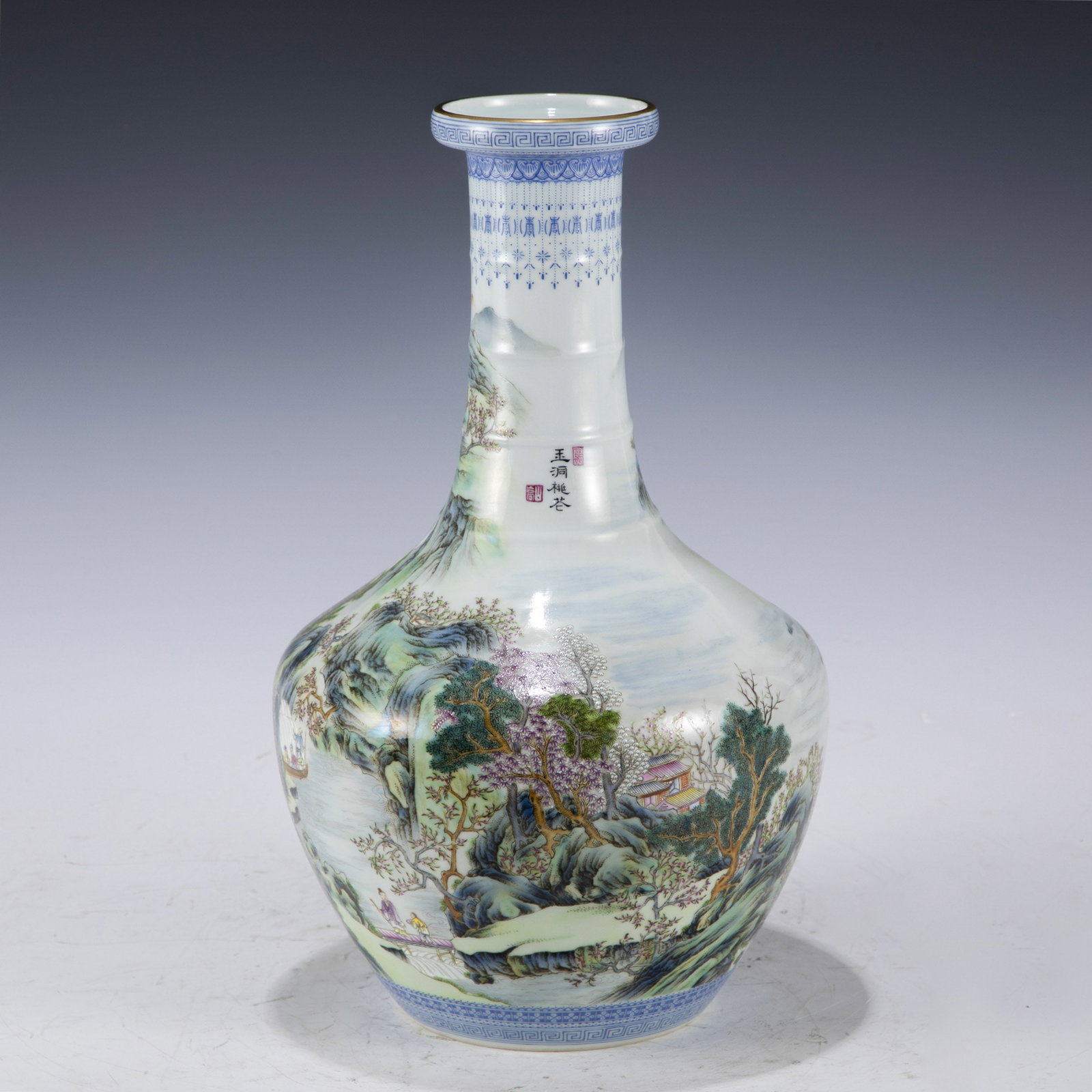 QING FAMILLE ROSE BOTTLE VASE: Dimensions: Length: 18.8 cm, Width: 18.8 cm, Height: 31 cm Chinese Qing Dynasty Yongzheng Family Rose Mountain Porcelain Celestial Vases. The Vases potted in celestial shape vase, thick and tall, glob