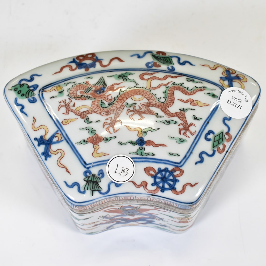 CHINESE WUCAI PORCELAIN GIFT BOX: Dimensions: 3.5"H x 7"W Chinese Ming Dynasty JiaJing Wucai Porcelain Lidded Box. Potted unto a auspicious pattern box, with emerging rounded on each corner, correspondence lid, raised from trapezoid s