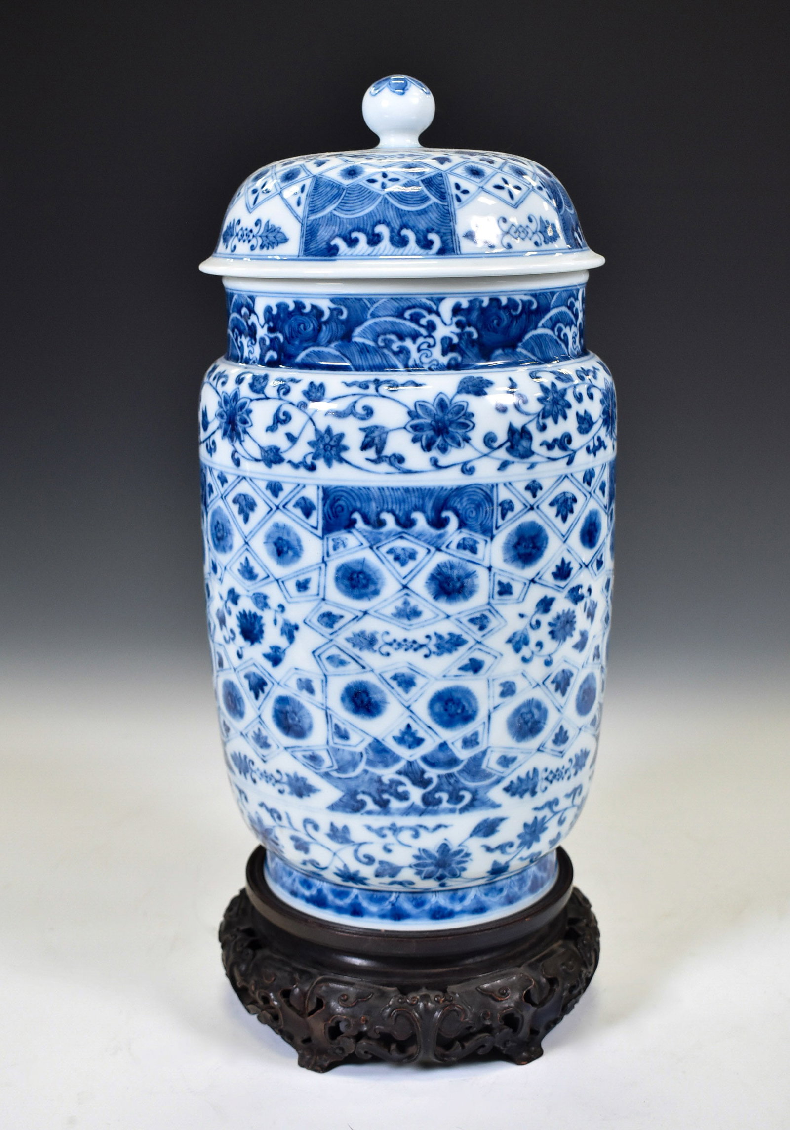 BLUE & WHITE WRAPPED FLORAL LIDDED JAR & STAND (1 of 4)