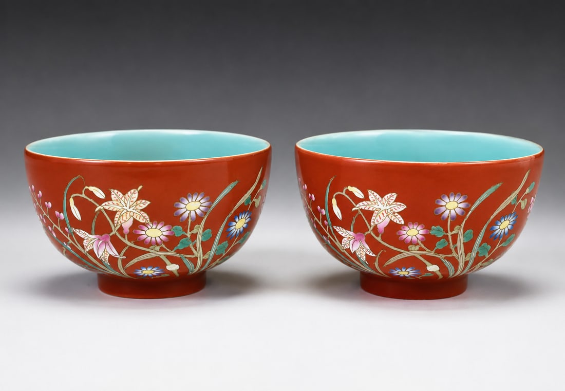 PAIR OF CORAL GROUND FAMILLE ROSE PORCELAIN BOWLS (1 of 4)