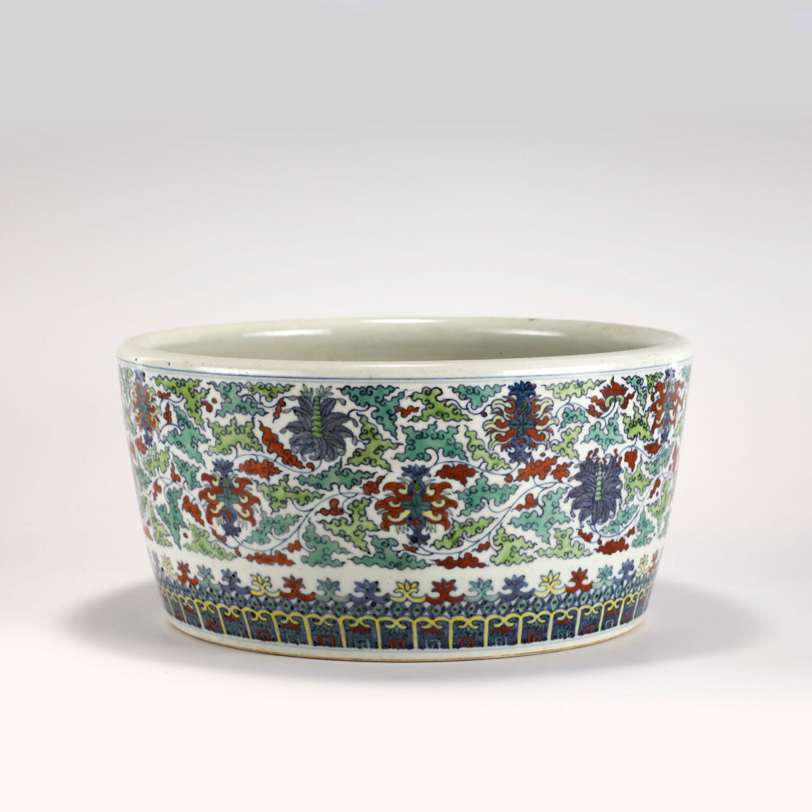 QING QIANLONG DOUCAI PORCELAIN BRUSH WASHER: Dimensions: Height: 16.2 cm,cm, Diameter: 34 cm Chinese Qing Dynasty Qianlong Doucai Flowers Porcelain Brush Washert. Potted in large pot shape, globular body, thick potted, deep curvature, slight tal