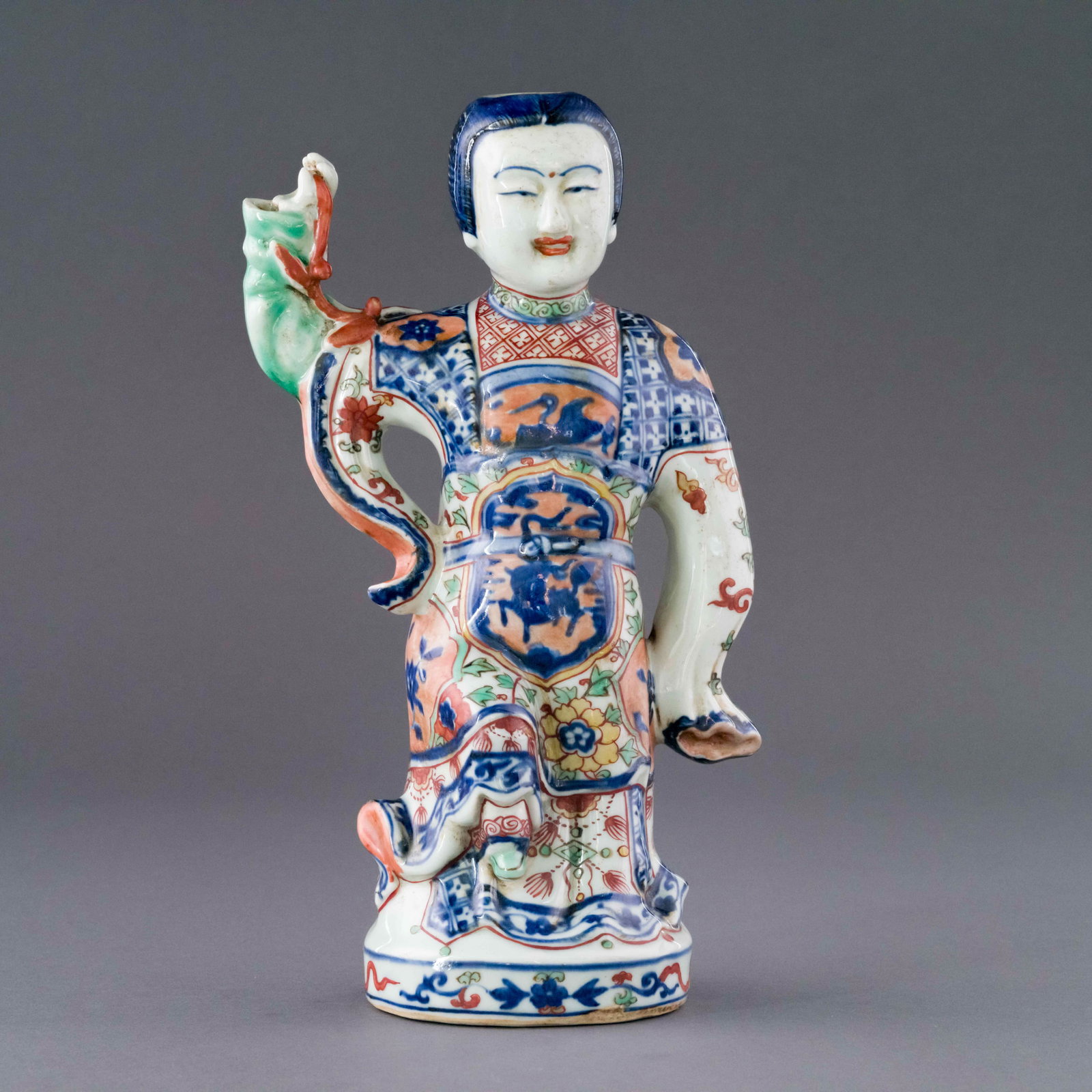 WANLI WUCAI PORCELAIN BOY STATUE: Dimensions: Height: 11.5 inch x Width/Diameter: 6.625 inch x Length/Depth: 3.25 inch Dimensions in Centimeter: 29.2 cm x 16.8 cm x 8.3 cm Chinese Ming Dynasty Wucai porcelain sculpture of boy. The por