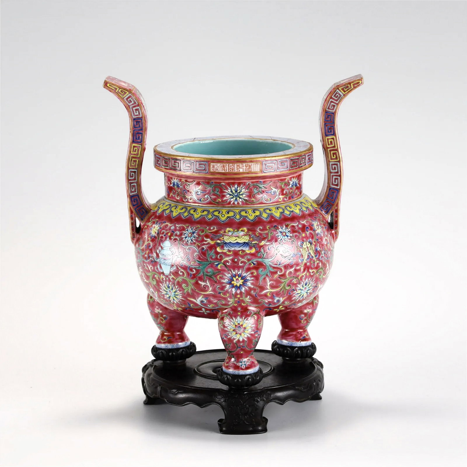 QING QIANLONG FAMILLE ROSE INCENSE BURNER ON STAND: Dimensions: Heigth: 30 cm, Diameter: 30 cm Chinese Qing Dynasty Qianlong Famille Rose Porcelain Qianlong famille rose Incense Burner On Carved Hardwood Stand. Potted in shallow vessel form, thick and 