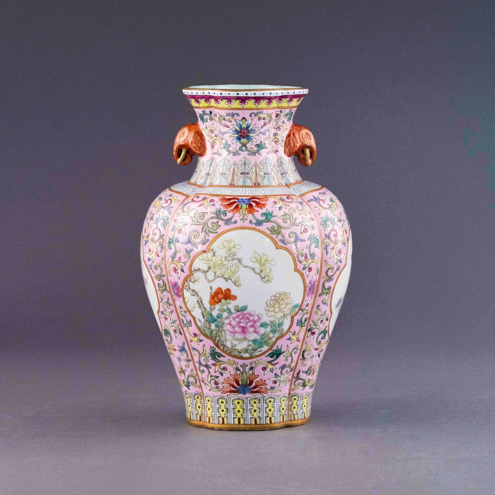 QIANLONG LOBED BODY FAMILLE ROSE OPEN FACE AMPHORA VASE: Dimensions: H 28cm , W 16cm , D 16cm A Chinese Qing Open Face Famille Rose Lobbed Body Porcelain Amphora Vase.