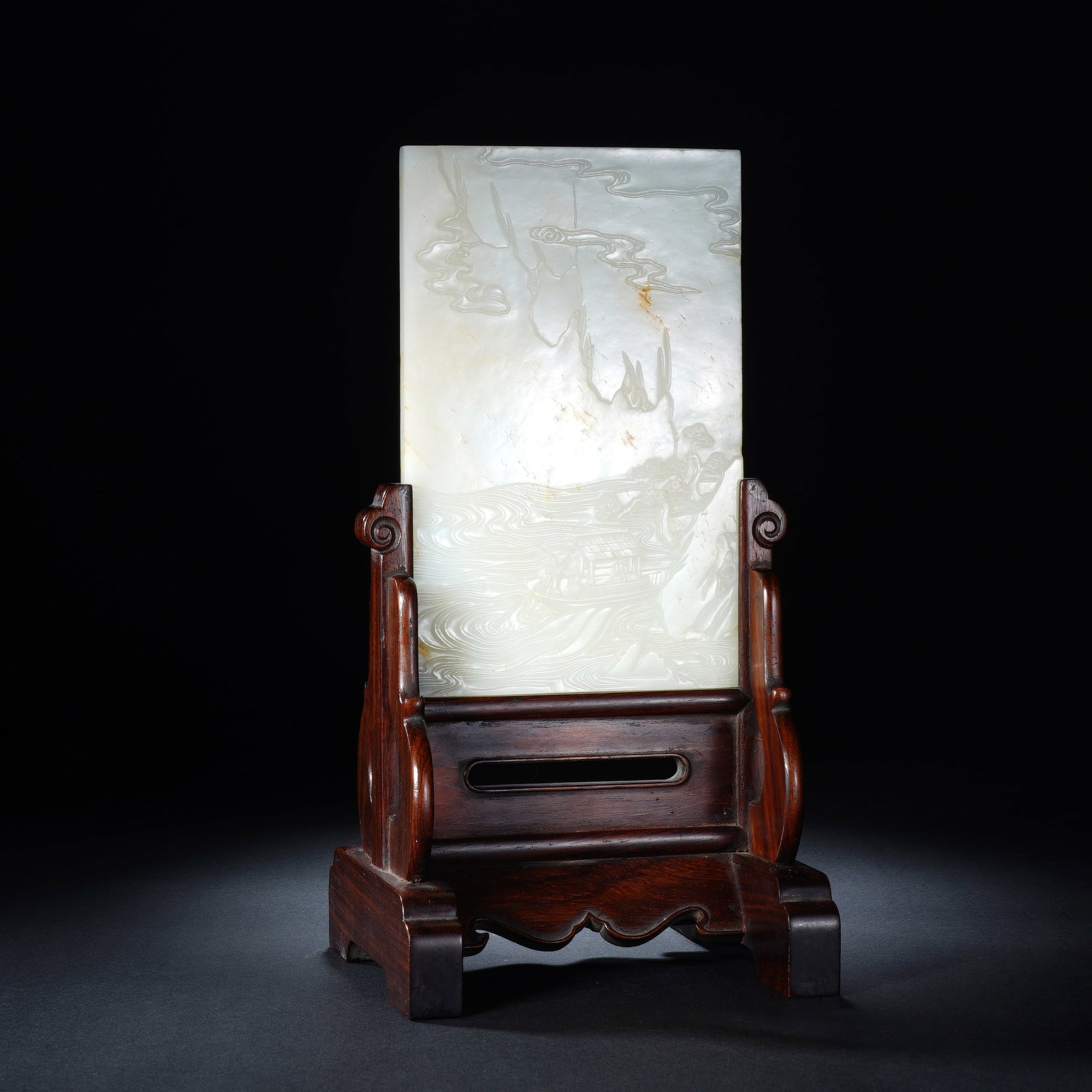 A CHINESE WHITE JADE RED CLIFF TABLE SCREEN (1 of 6)