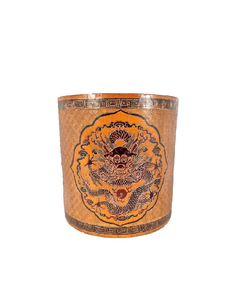 Chinese Lacquered Brush Pot: China, 18th c., Qing period Lacquered Brush Pot, Cylindrical body, straight form. Flat base.highly decorated with Imperial Dragon in the center, on Geometrical swastika pattern ground. Mark on Base, 6
