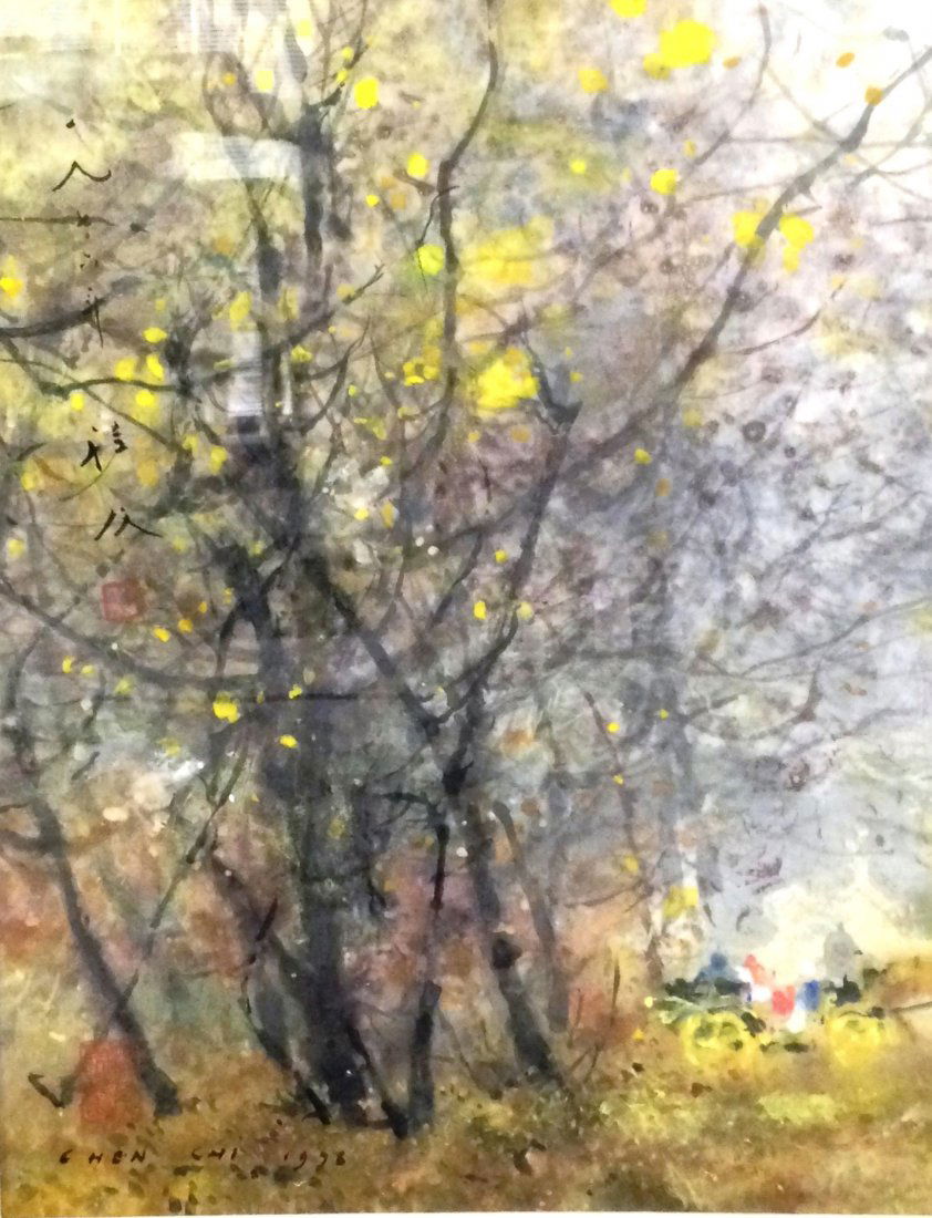 CHEN CHI 'AUTUMN' watercolor, Signed & Stamped: Chen Chi (AMERICAN/CHINESE, 1912-2005) watercolor on paper depicting a forest scene with horse drawn carriage. Titled 'Autumn'. Signed with calligraphy and red seal to left hand side with further seal