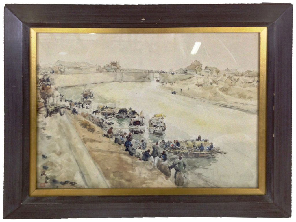 CHEN CHI 'Fisherman Along the Canal' Watercolor: Chen Chi (American/Chinese, 1912-2005), "Fisherman Along the Canal " (1945) plate signed lower lefts, depicted natural scene of a water side village. sight: 13.5"h x 17.5"w, overall with frame: 19"h x