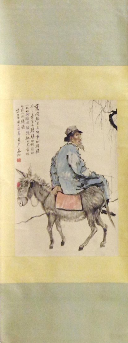 Chinese Scroll Painting: Showing elder figure riding a donkey. Caligraphy of Poems and Red signatures seals. Measure: 37 7/8" Height, 26 5/8" Width