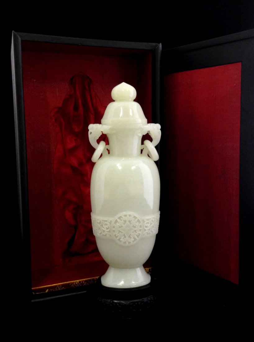 Extraordinary 19th c. Chinese Carved White Jade Censer: China, 19th C., carved white jade censer with cover, Enlonged Gourd body, flanked ears holding ring handles, covered with dome shape lids with lotus bud handle. Smoothly decorated with various mythica