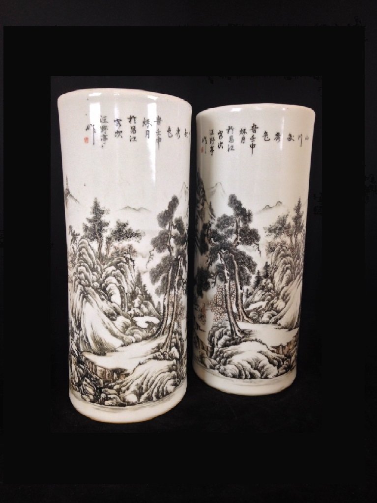 Pair of Chinese 20th c. Porcelain Hat Stands: Pair of Porcelain Hat Stands, 20th c., China, , Pair of Cylindrical body, Depicting detail painting of natural landscape of trees, mountains in waterside scene. Showing Caligraphy Themed inscription w
