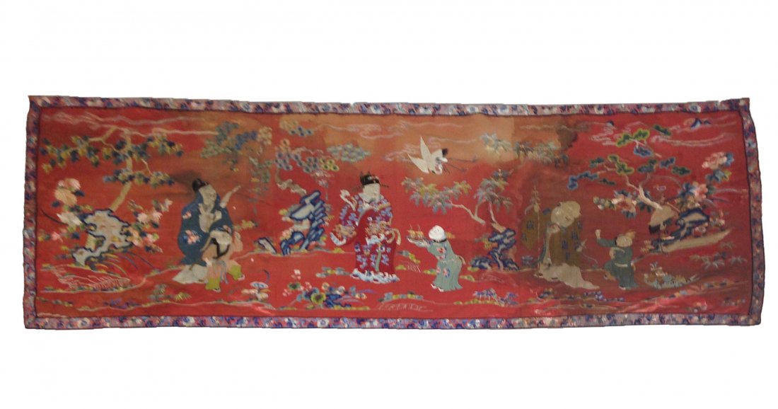 19th C. Antique Chinese Embroidered Silk Panel: Antique Chinese Silk Embroidery, depiction of figures against a deep red field, bordered and decorated with auspucious symbol and instruments, silk floss on silk. Stains. Measure: 35" Width x 97" Heig