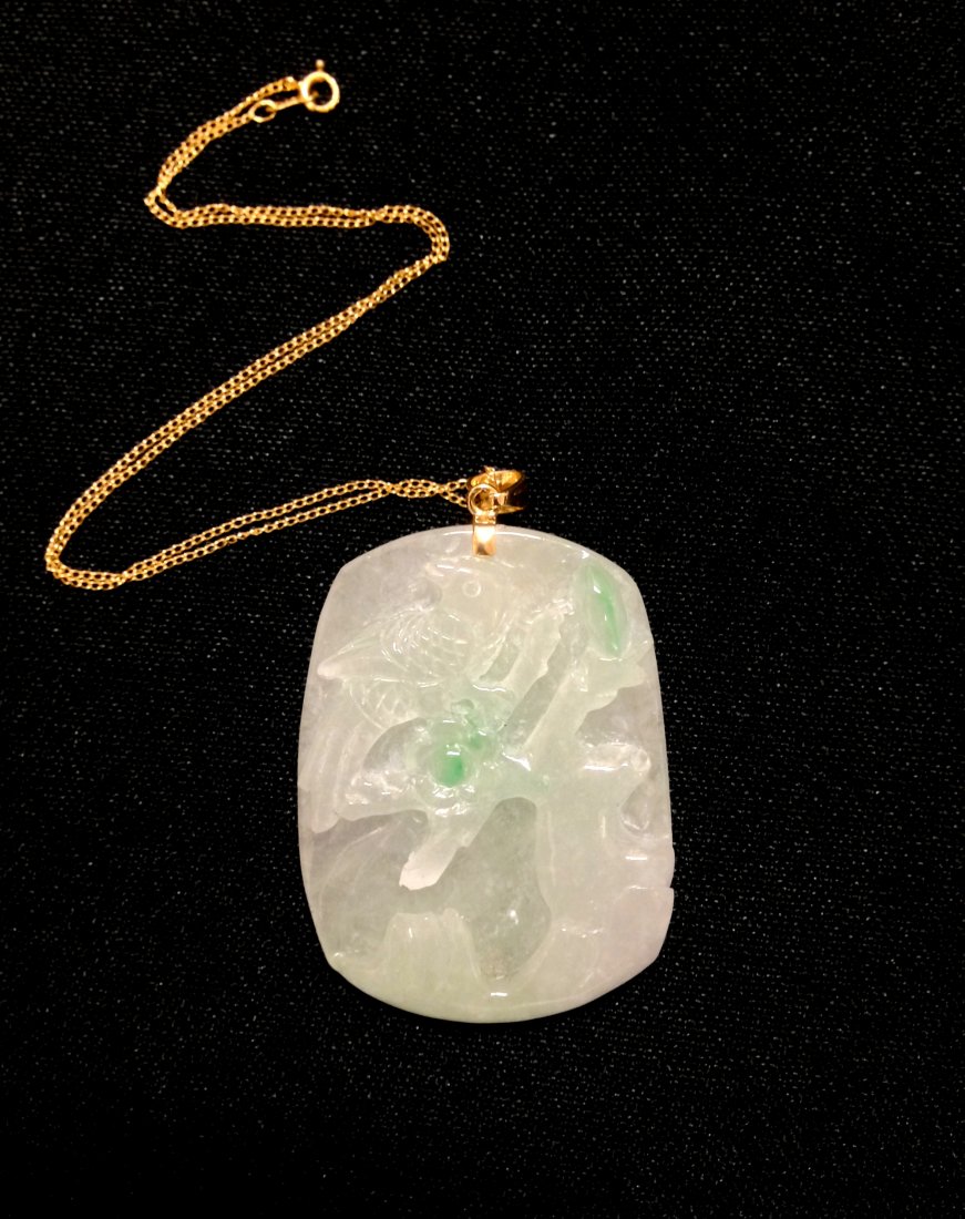 Chinese Carved White Jade Pendant and Gold Necklace: China, Carved White Jade Pendant, of Bird Perching on a branching tree. Having greenish hue in natural. Measure: 1 3/4" Length, 1 3/8" Width, 1/4" Depth Approx 27.6 grams