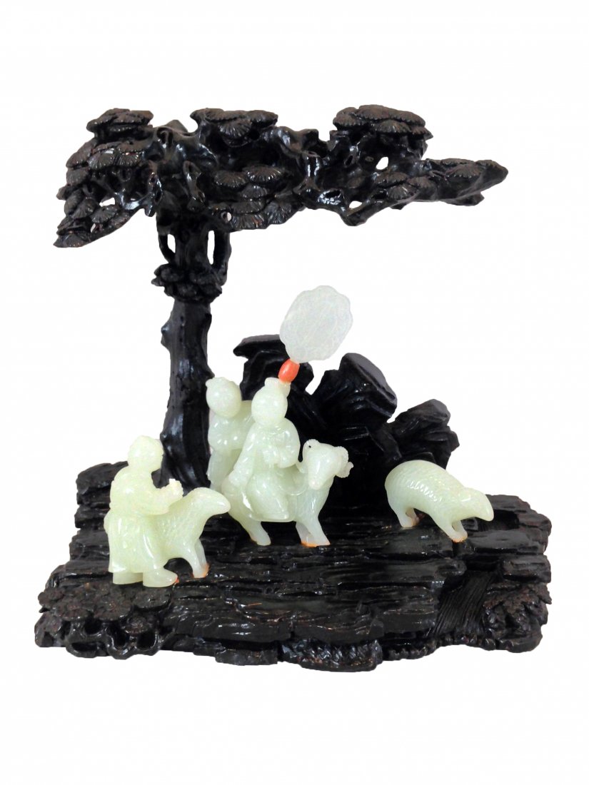 Chinese Carved Zitan Wood and White Jade Diorama: China, Antique, Carved White Jade depicted figures of sheperds, with their sheeps against carved Zitan wood of tree and landscape.- a Figure with sheep on far left: 1 5/8" Height (The man handling a b