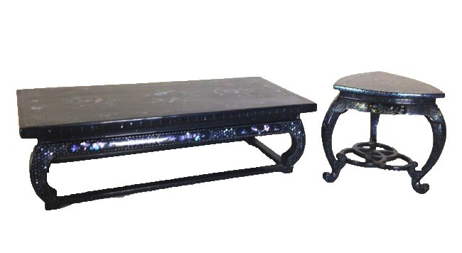 set of 2 pcs Chinese Lac Burgaute Stands: Chinese lac burgaute, beautifully decorated with mother of pearls inlaid on lacquered wooden stands. items: consisting of Two footed stands. Largest measured: 12 1/2" Lenght, 6.26" Width, 3.75" Height