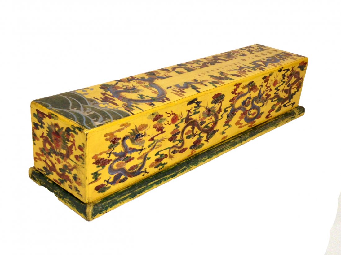 Antique Chinese Lacquered Scholar Scroll Container: Very Impresive Lacquered Square Covered Container. Having inner Red Compartment, Wealthy design on the cover of imperial bright yellow ground throughout, decorated with dragons chasing through stylize