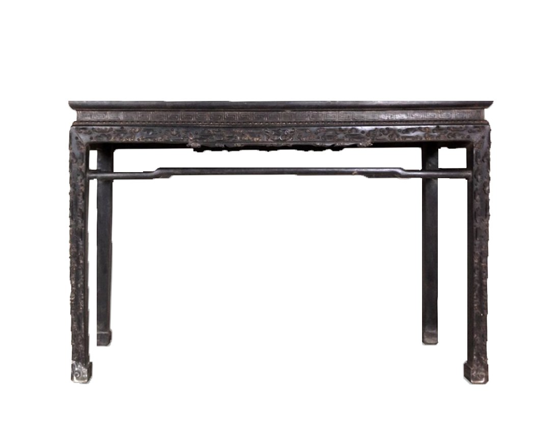 Antique Chinese Carved Zitan Altar: China, Higly Figured Zitan Harwood, raised with Straight legs, streched with horoe shoe bars. Very Dense Zitan hardwood throughout, with a fine grain dan smooth lustrous patina, decorated elaborately 