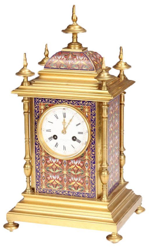 TIFFANY & CO., NEW YORK CHAMPLEVE CLOCK: TIFFANY & CO., NEW YORK CHAMPLEVE CLOCK, decorated in bright enameled geometric Pattern. Matching 3 serial numbers. Measure: 15 1/2" Height Runing condition