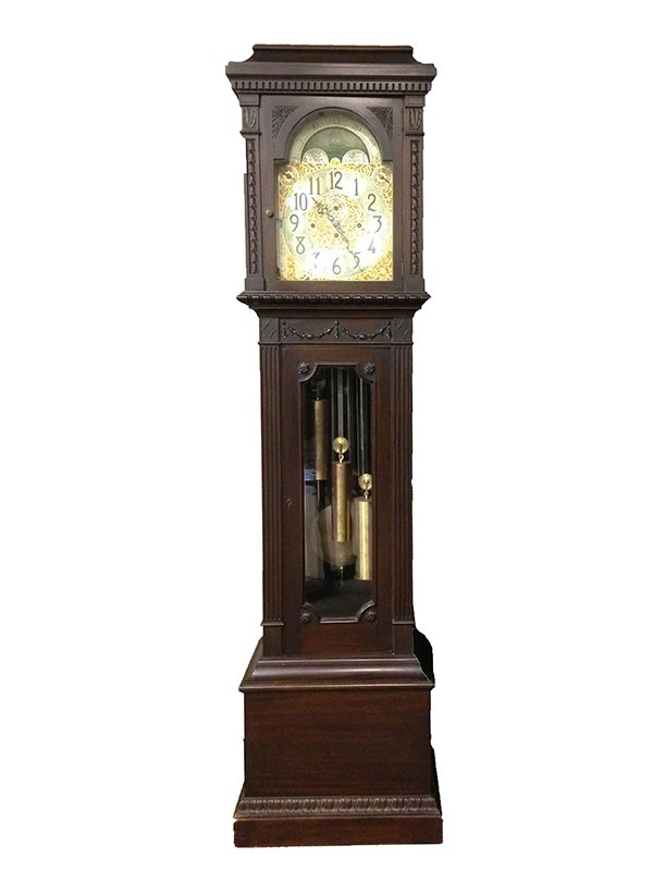 Impressive Tiffany & Co. Mahogany Grandfather Clock: Impressive Tiffany & Co. Mahogany Grandfather Clock. Marked Tiffany & Co. on dial. Condition - the clock is in working condition. Measures - 89" high x 12 1/2" deep x 23 7/8" wide. Has 7 tubes in cloc