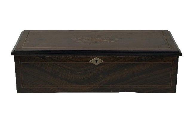 Antique Swiss Mahogany Inlaid Cylindrical Music Box: An antique wooden music box in good working condition that plays six songs. Wooden case has a beautiful inlay in a variety of wood types. No key present but box is unlocked. Slight loss to inlay to 