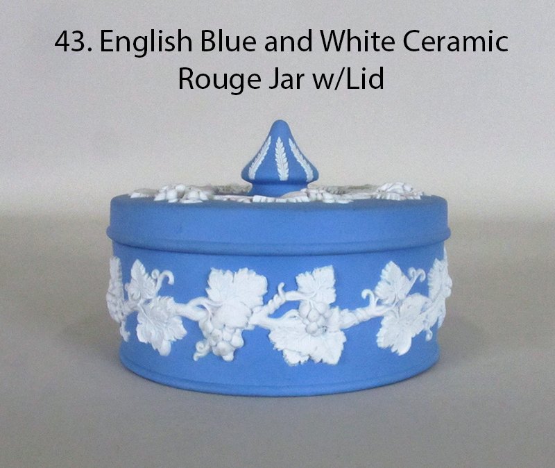 WEDGEWOOD Jasperware Blue Ceramic Rouge Jar with Lid: English B/W Ceramic Rouge Jar w/Lid