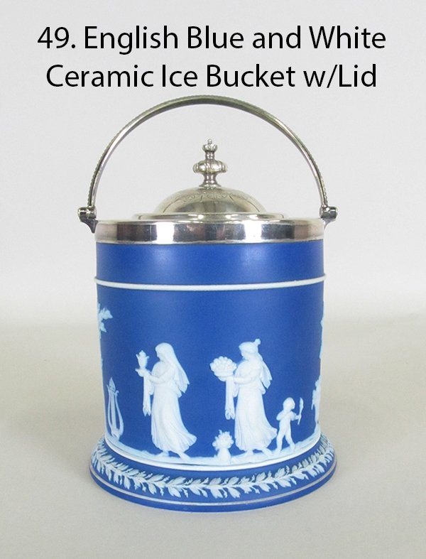 Wedgewood Jasperware Blue and White Ice Bucket w/Lid: English B/W Ceramic Ice Bucket w/Lid
