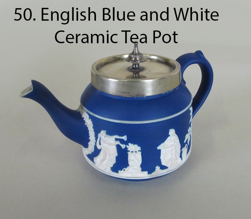 Wedgewood Jasperware Blue and White Tea Pot: English B/W Ceramic Tea Pot