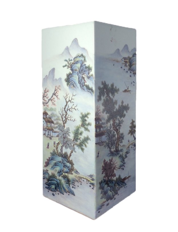 Chinese Famille Rose porcelain vase, Early 20th c.: Early 20th century Chinese Republic period square porcelain vase, each panel hand-painted with poly-chrome enameled decoration depicting a landscape scene of misty mountain and village in detail paint