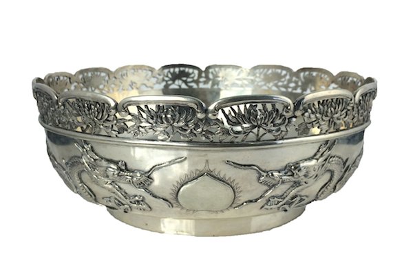 Antique Chinese Export Silver Dragon Repousse, 19th c: CHINESE EXPORT SILVER BOWL - Large late 19th c. Chinese Export Footed Silver bowl with reticulated top rim, marks of Hung Chong & Co. (Canton & Shanghai). Decorated with high relief double dragons aro