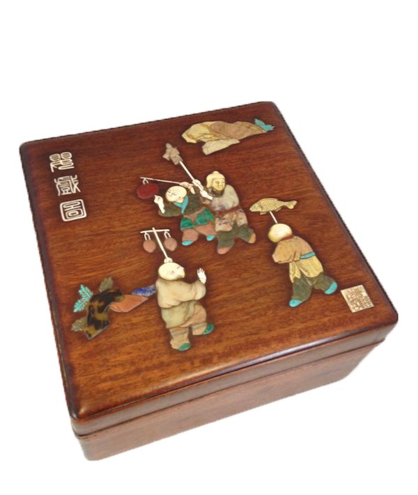 Antique Chinese Semi-P Stone Inlaid HuangHuaLi Box: Chin, HuangHuaLi wood covered Jewelry Trinket Box, decorated Semi Precious Stone inlaid depicting figures of children playing with traditional toys instruments againts landscape. Marked on Left Bottom