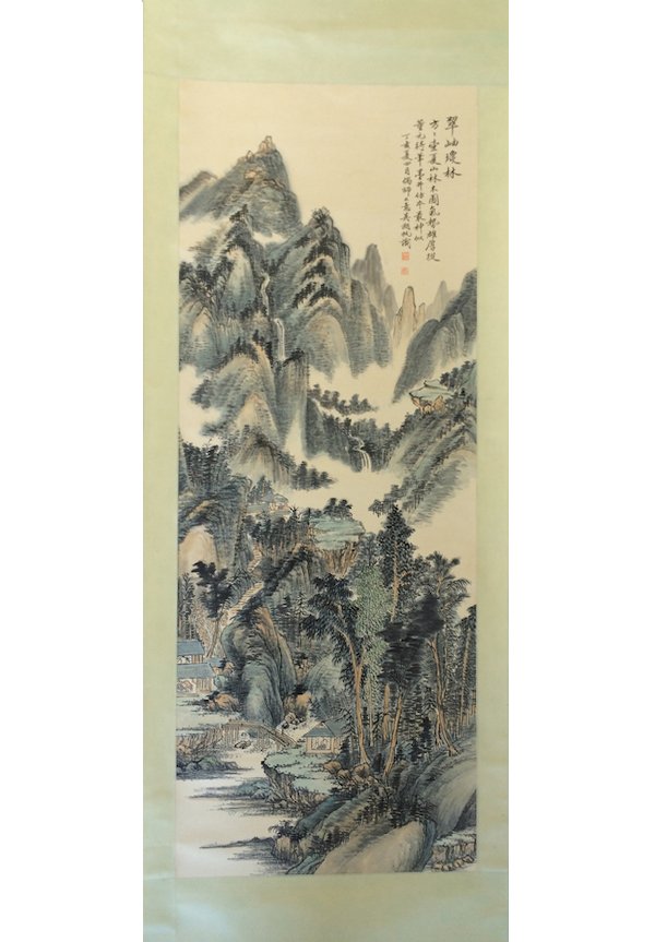 Chinese Water Color Scroll Paintings: Chinese Water Color Scroll Paintings. Depicted misty mountain landscape scene in detail.Measure total: 70-1/2"H x 22-1/4"W. visibility: 46"H x 18"W