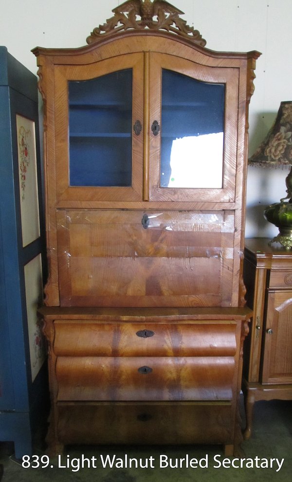 Light Walnut Burled Secretary: Light Walnut Burled Secretary Possible late 1890's- 1910 Drop front desk door needs repair and is non functional with some clean up this is a great piece for decoration.