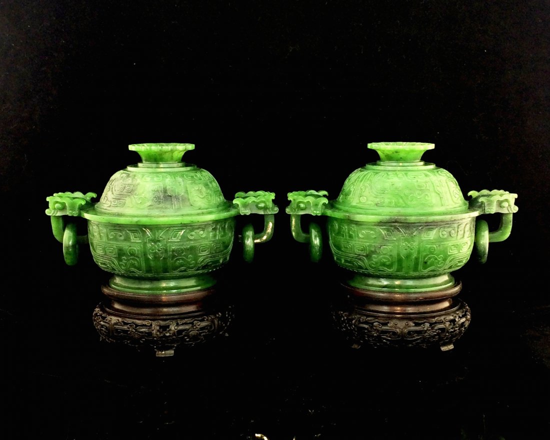 A FINE PAIR OF EMERALD-GREEN JADE CENSER AND COVER: Pair of Extraordinary FINE Chinese EMERALD Green Jade Censer, 19th c. Carved green spinach jade in form of covered censer, displayed on carved wooden base. Globular body, foot ring, domed lids with f
