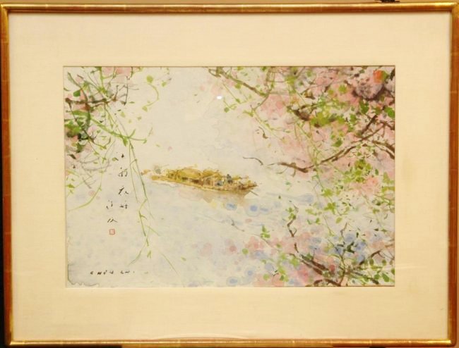 CHEN CHI WATER COLOR "SPRING TIME", SIGNED & FRAMED: Chinese Watercolor, CHEN CHI 'Spring Time' ; Signed & Stamped, Framed Watercolor on paper depicting a view of a junk boat on a river through branches with blooming pink flowers. Titled 'Springtime'. S