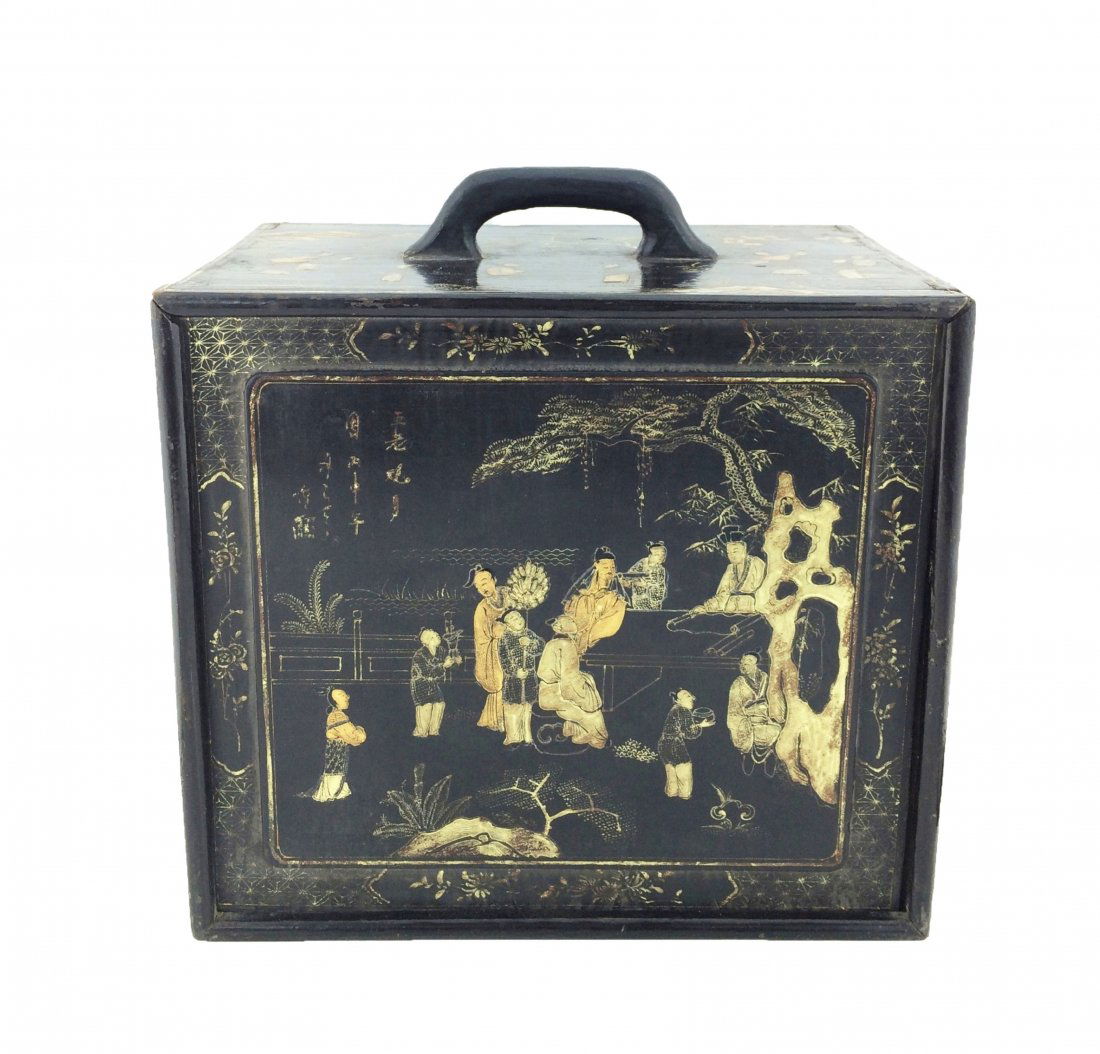 ANTIQUE CHINESE EBONY LACQUER BOX, 19TH C: Antique Chinese Ebony Lacquer Box, 19th c. RARE, Highly detailed hand painted in gilt showing Female figures and children in a garden scenes. Showing Characters of poems and signature seal. Dimension: