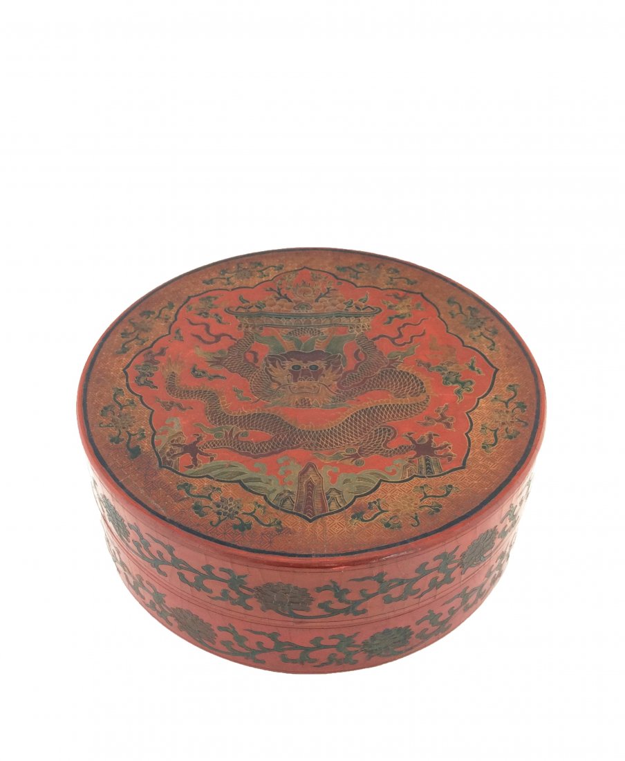 QING RED LACQUER CIRCULAR DRAGON COVERED BOX: A RARE LARGE CHINESE QIANGJIN AND TIANQI LACQUER CIRCULAR DRAGON BOX AND COVER QIANLONG INCISED SIX-CHARACTER MARK The top of the cover is finely incised highlighted in shades of lack reddish-brown la